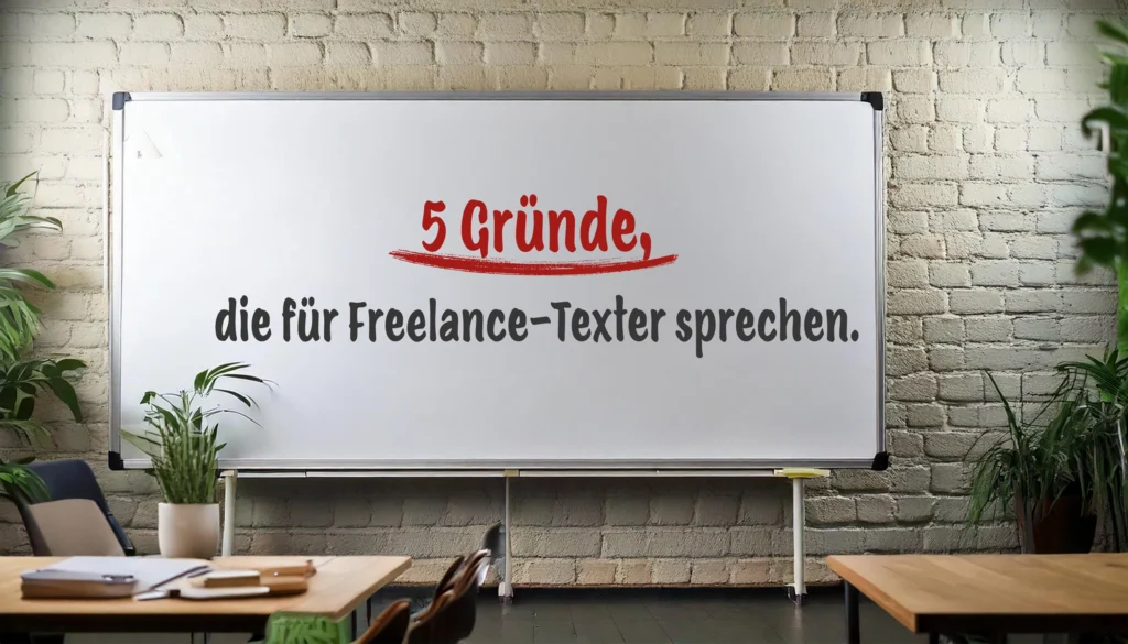 5 Gruende, die für Freelance-Texter sprechen auf weißer Tafel